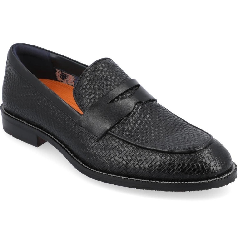 Men's Black Woven Leather Penny Loafers